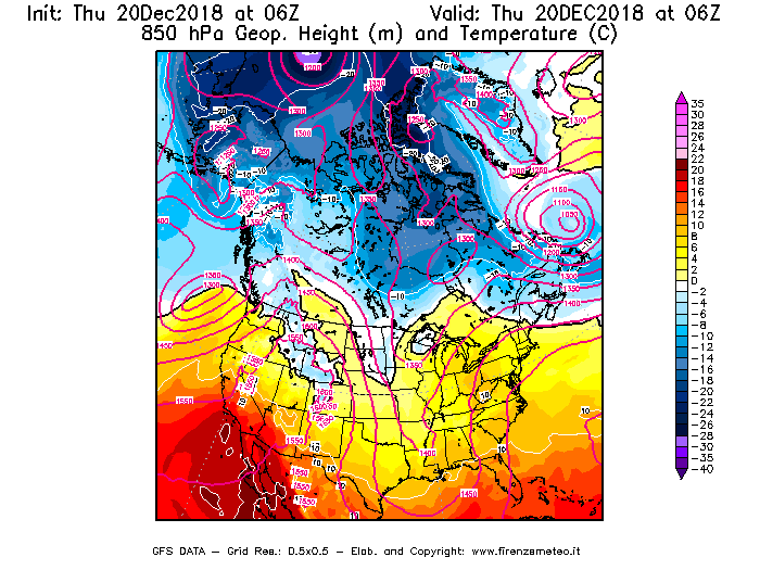 Mappa di analisi GFS - Geopotenziale [m] e Temperatura [°C] a 850 hPa in Nord-America
							del 20/12/2018 06 <!--googleoff: index-->UTC<!--googleon: index-->