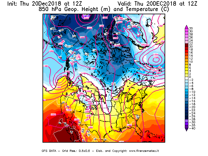Mappa di analisi GFS - Geopotenziale [m] e Temperatura [°C] a 850 hPa in Nord-America
							del 20/12/2018 12 <!--googleoff: index-->UTC<!--googleon: index-->