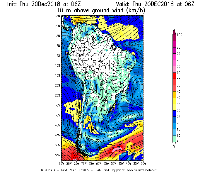 Mappa di analisi GFS - Velocità del vento a 10 metri dal suolo [km/h] in Sud-America
							del 20/12/2018 06 <!--googleoff: index-->UTC<!--googleon: index-->