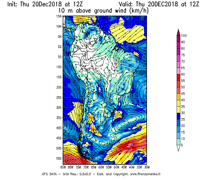 Mappa di analisi GFS - Velocità del vento a 10 metri dal suolo [km/h] in Sud-America
							del 20/12/2018 12 <!--googleoff: index-->UTC<!--googleon: index-->