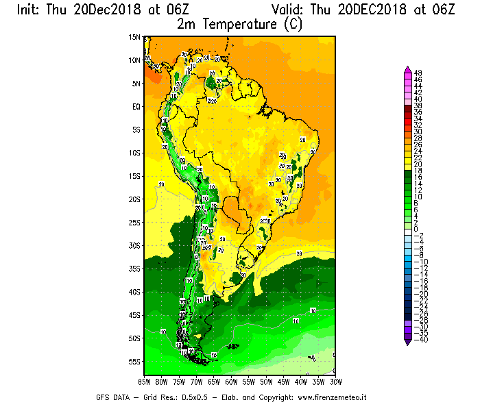 Mappa di analisi GFS - Temperatura a 2 metri dal suolo [°C] in Sud-America
							del 20/12/2018 06 <!--googleoff: index-->UTC<!--googleon: index-->