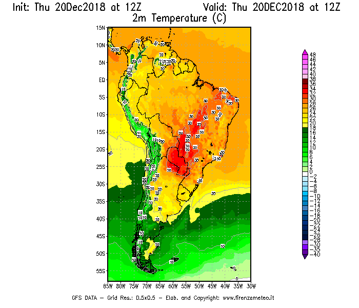 Mappa di analisi GFS - Temperatura a 2 metri dal suolo [°C] in Sud-America
							del 20/12/2018 12 <!--googleoff: index-->UTC<!--googleon: index-->