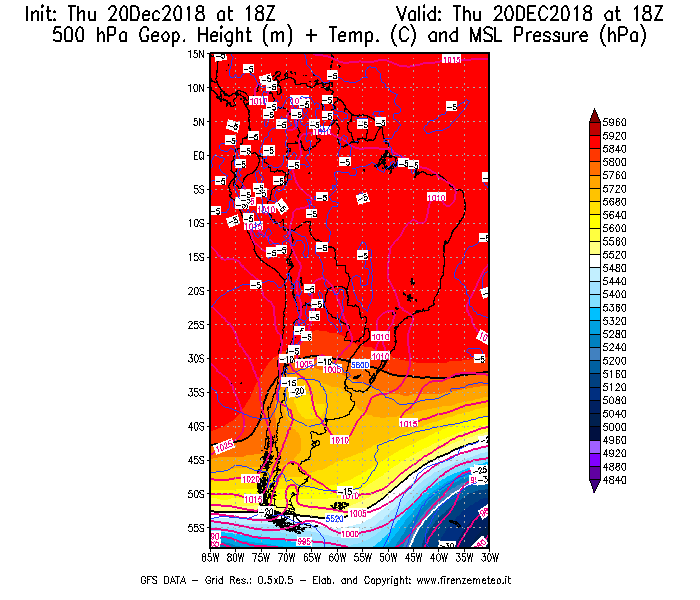 Mappa di analisi GFS - Geopotenziale [m] + Temp. [°C] a 500 hPa + Press. a livello del mare [hPa] in Sud-America
							del 20/12/2018 18 <!--googleoff: index-->UTC<!--googleon: index-->