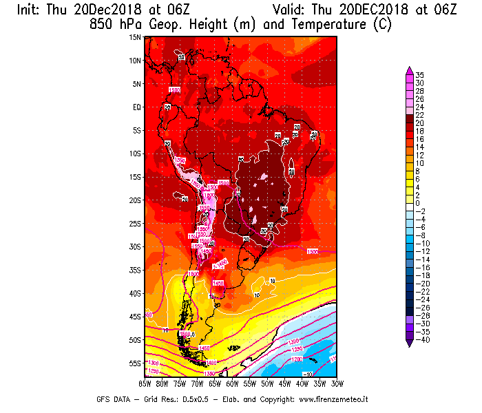 Mappa di analisi GFS - Geopotenziale [m] e Temperatura [°C] a 850 hPa in Sud-America
							del 20/12/2018 06 <!--googleoff: index-->UTC<!--googleon: index-->