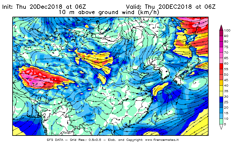Mappa di analisi GFS - Velocità del vento a 10 metri dal suolo [km/h] in Asia Orientale
							del 20/12/2018 06 <!--googleoff: index-->UTC<!--googleon: index-->