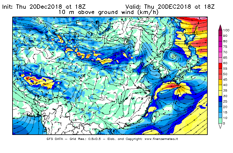 Mappa di analisi GFS - Velocità del vento a 10 metri dal suolo [km/h] in Asia Orientale
							del 20/12/2018 18 <!--googleoff: index-->UTC<!--googleon: index-->
