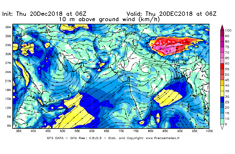 Mappa di analisi GFS - Velocità del vento a 10 metri dal suolo [km/h] in Asia Sud-Occidentale
							del 20/12/2018 06 <!--googleoff: index-->UTC<!--googleon: index-->