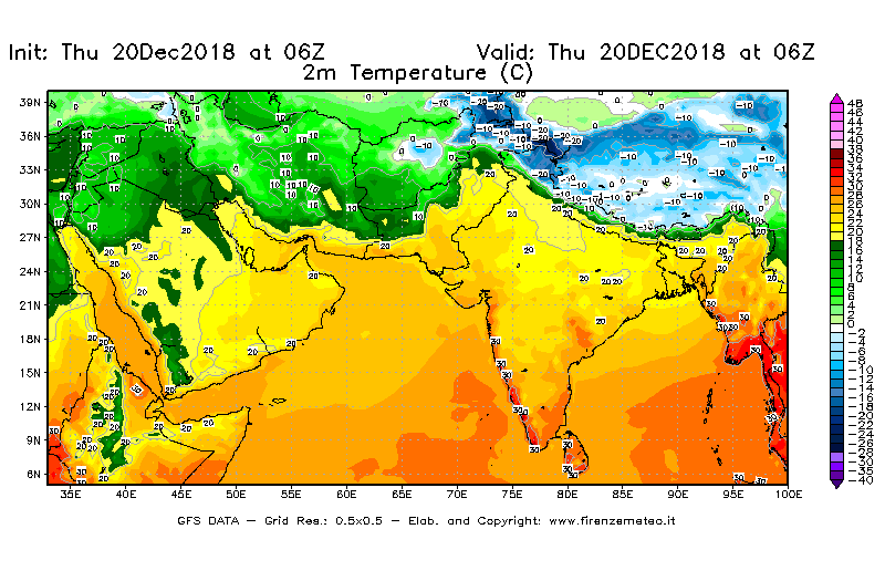 Mappa di analisi GFS - Temperatura a 2 metri dal suolo [°C] in Asia Sud-Occidentale
							del 20/12/2018 06 <!--googleoff: index-->UTC<!--googleon: index-->