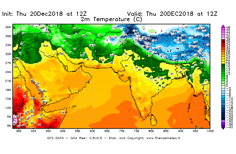 Mappa di analisi GFS - Temperatura a 2 metri dal suolo [°C] in Asia Sud-Occidentale
							del 20/12/2018 12 <!--googleoff: index-->UTC<!--googleon: index-->