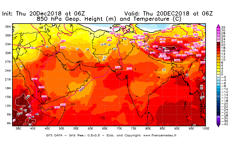 Mappa di analisi GFS - Geopotenziale [m] e Temperatura [°C] a 850 hPa in Asia Sud-Occidentale
							del 20/12/2018 06 <!--googleoff: index-->UTC<!--googleon: index-->