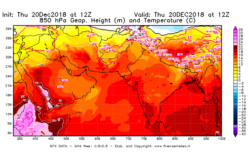 Mappa di analisi GFS - Geopotenziale [m] e Temperatura [°C] a 850 hPa in Asia Sud-Occidentale
							del 20/12/2018 12 <!--googleoff: index-->UTC<!--googleon: index-->