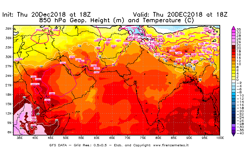 Mappa di analisi GFS - Geopotenziale [m] e Temperatura [°C] a 850 hPa in Asia Sud-Occidentale
							del 20/12/2018 18 <!--googleoff: index-->UTC<!--googleon: index-->