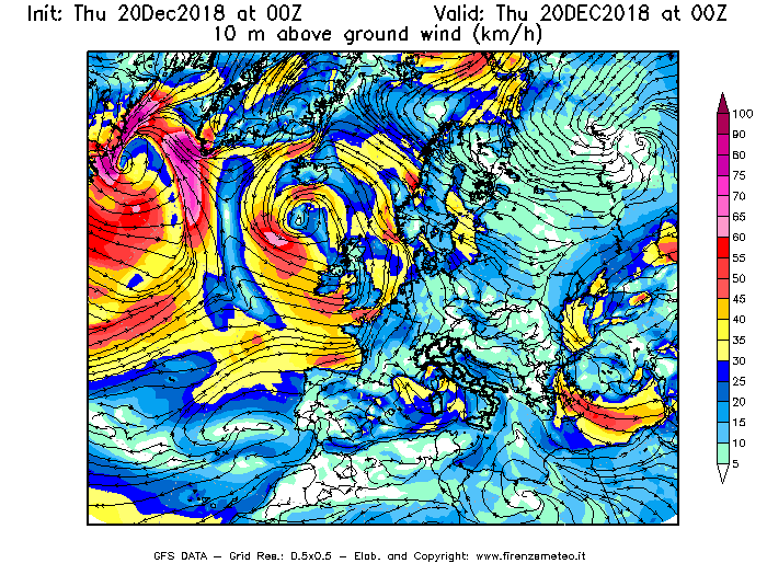 Mappa di analisi GFS - Velocità del vento a 10 metri dal suolo [km/h] in Europa
							del 20/12/2018 00 <!--googleoff: index-->UTC<!--googleon: index-->