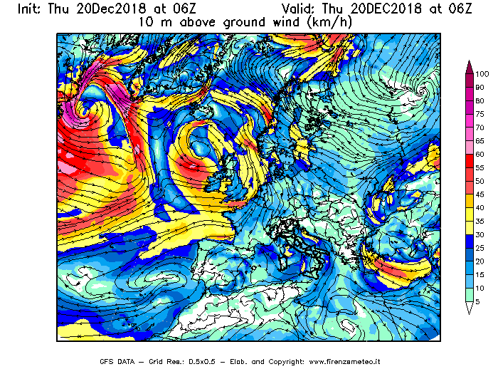 Mappa di analisi GFS - Velocità del vento a 10 metri dal suolo [km/h] in Europa
							del 20/12/2018 06 <!--googleoff: index-->UTC<!--googleon: index-->