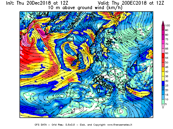 Mappa di analisi GFS - Velocità del vento a 10 metri dal suolo [km/h] in Europa
							del 20/12/2018 12 <!--googleoff: index-->UTC<!--googleon: index-->