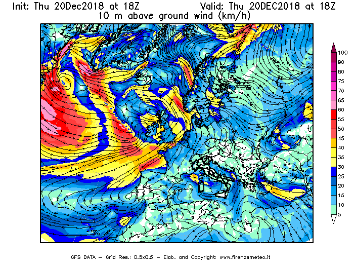 Mappa di analisi GFS - Velocità del vento a 10 metri dal suolo [km/h] in Europa
							del 20/12/2018 18 <!--googleoff: index-->UTC<!--googleon: index-->