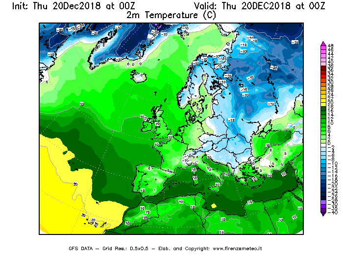 Mappa di analisi GFS - Temperatura a 2 metri dal suolo [°C] in Europa
							del 20/12/2018 00 <!--googleoff: index-->UTC<!--googleon: index-->