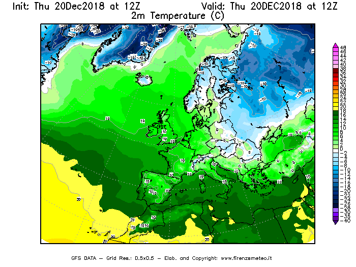 Mappa di analisi GFS - Temperatura a 2 metri dal suolo [°C] in Europa
							del 20/12/2018 12 <!--googleoff: index-->UTC<!--googleon: index-->