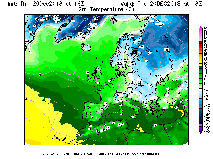 Mappa di analisi GFS - Temperatura a 2 metri dal suolo [°C] in Europa
							del 20/12/2018 18 <!--googleoff: index-->UTC<!--googleon: index-->