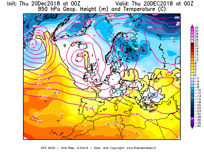 Mappa di analisi GFS - Geopotenziale [m] e Temperatura [°C] a 850 hPa in Europa
							del 20/12/2018 00 <!--googleoff: index-->UTC<!--googleon: index-->