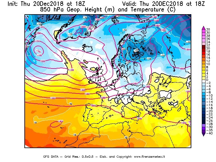 Mappa di analisi GFS - Geopotenziale [m] e Temperatura [°C] a 850 hPa in Europa
							del 20/12/2018 18 <!--googleoff: index-->UTC<!--googleon: index-->