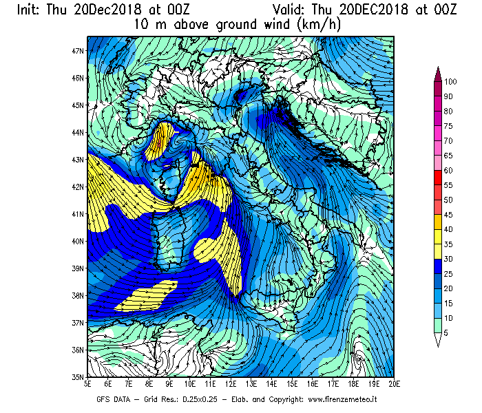 Mappa di analisi GFS - Velocità del vento a 10 metri dal suolo [km/h] in Italia
							del 20/12/2018 00 <!--googleoff: index-->UTC<!--googleon: index-->