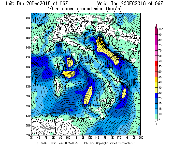 Mappa di analisi GFS - Velocità del vento a 10 metri dal suolo [km/h] in Italia
							del 20/12/2018 06 <!--googleoff: index-->UTC<!--googleon: index-->