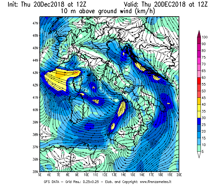 Mappa di analisi GFS - Velocità del vento a 10 metri dal suolo [km/h] in Italia
							del 20/12/2018 12 <!--googleoff: index-->UTC<!--googleon: index-->