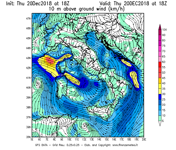Mappa di analisi GFS - Velocità del vento a 10 metri dal suolo [km/h] in Italia
							del 20/12/2018 18 <!--googleoff: index-->UTC<!--googleon: index-->