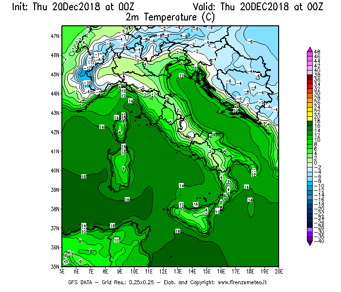 Mappa di analisi GFS - Temperatura a 2 metri dal suolo [°C] in Italia
							del 20/12/2018 00 <!--googleoff: index-->UTC<!--googleon: index-->
