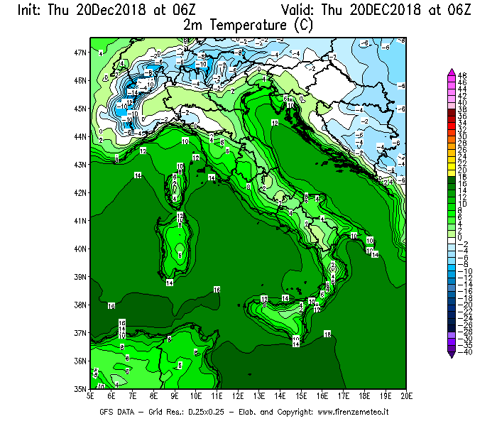 Mappa di analisi GFS - Temperatura a 2 metri dal suolo [°C] in Italia
							del 20/12/2018 06 <!--googleoff: index-->UTC<!--googleon: index-->