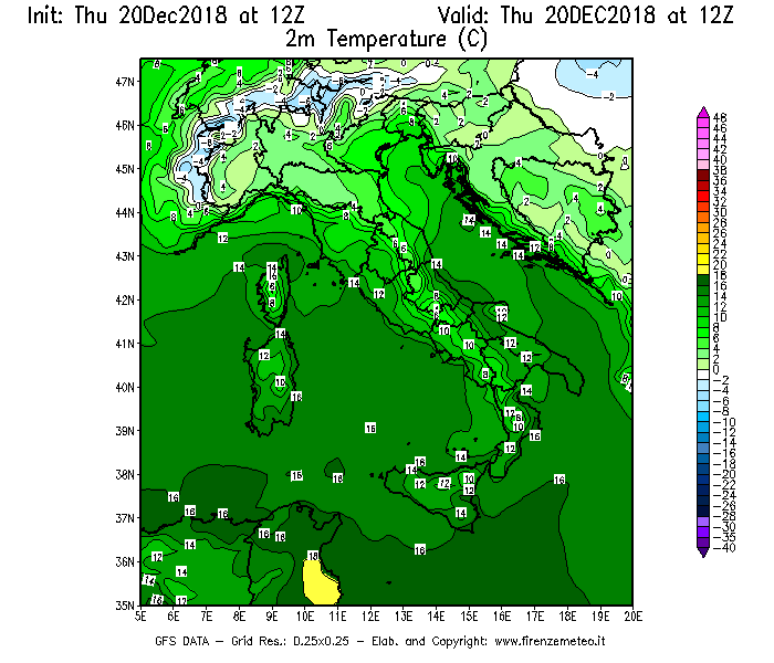 Mappa di analisi GFS - Temperatura a 2 metri dal suolo [°C] in Italia
							del 20/12/2018 12 <!--googleoff: index-->UTC<!--googleon: index-->