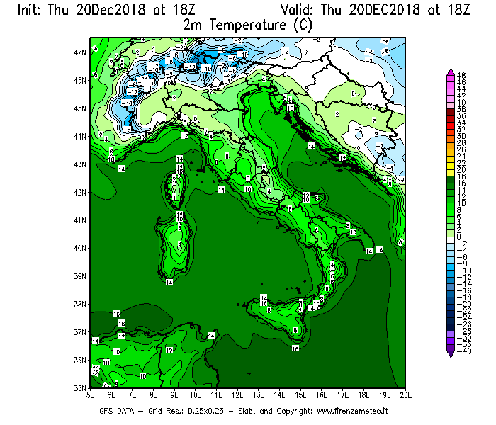 Mappa di analisi GFS - Temperatura a 2 metri dal suolo [°C] in Italia
							del 20/12/2018 18 <!--googleoff: index-->UTC<!--googleon: index-->