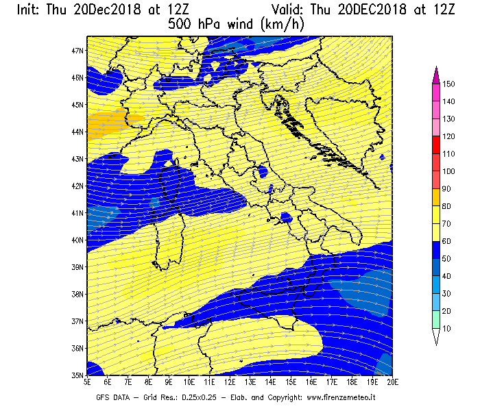 Mappa di analisi GFS - Velocità del vento a 500 hPa [km/h] in Italia
							del 20/12/2018 12 <!--googleoff: index-->UTC<!--googleon: index-->