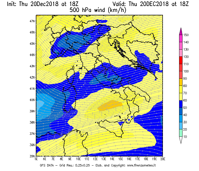 Mappa di analisi GFS - Velocità del vento a 500 hPa [km/h] in Italia
							del 20/12/2018 18 <!--googleoff: index-->UTC<!--googleon: index-->