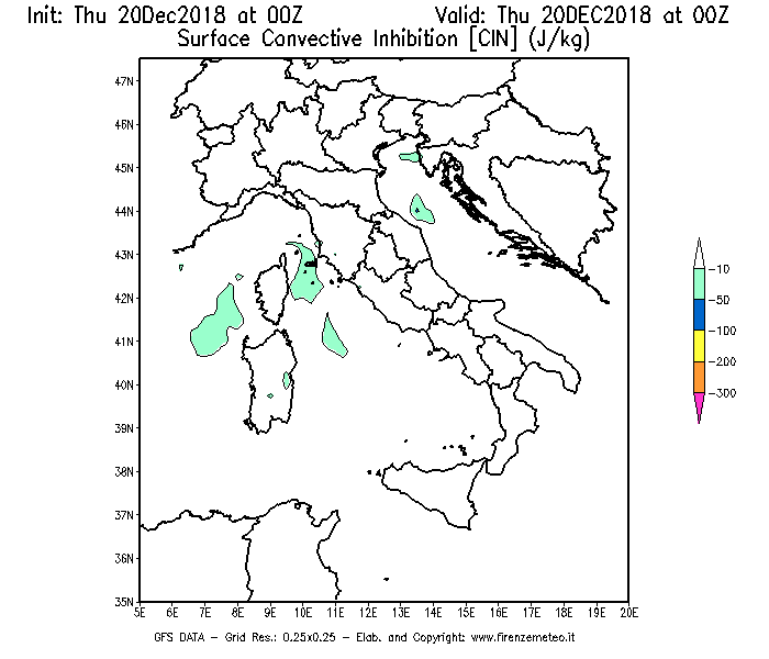 Mappa di analisi GFS - CIN [J/kg] in Italia
							del 20/12/2018 00 <!--googleoff: index-->UTC<!--googleon: index-->