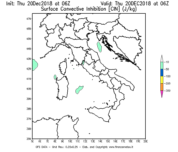 Mappa di analisi GFS - CIN [J/kg] in Italia
							del 20/12/2018 06 <!--googleoff: index-->UTC<!--googleon: index-->