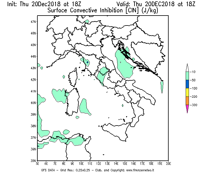Mappa di analisi GFS - CIN [J/kg] in Italia
							del 20/12/2018 18 <!--googleoff: index-->UTC<!--googleon: index-->