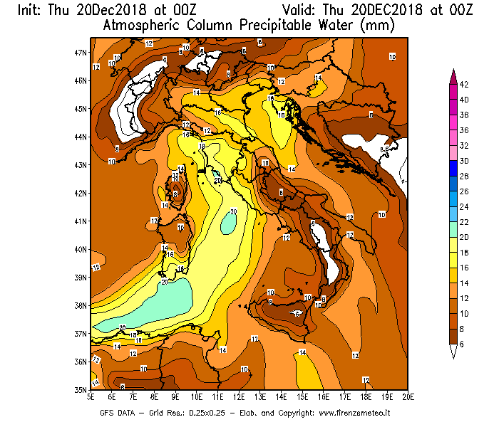 Mappa di analisi GFS - Precipitable Water [mm] in Italia
							del 20/12/2018 00 <!--googleoff: index-->UTC<!--googleon: index-->