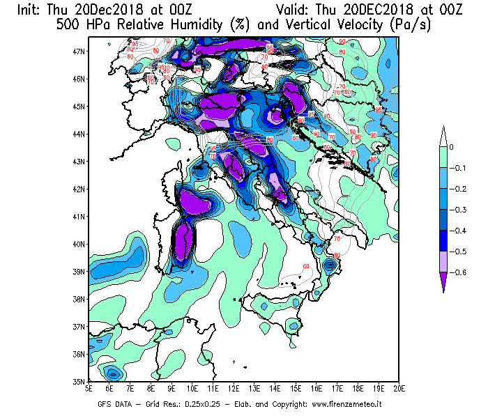 Mappa di analisi GFS - Umidità relativa [%] e Omega [Pa/s] a 500 hPa in Italia
							del 20/12/2018 00 <!--googleoff: index-->UTC<!--googleon: index-->