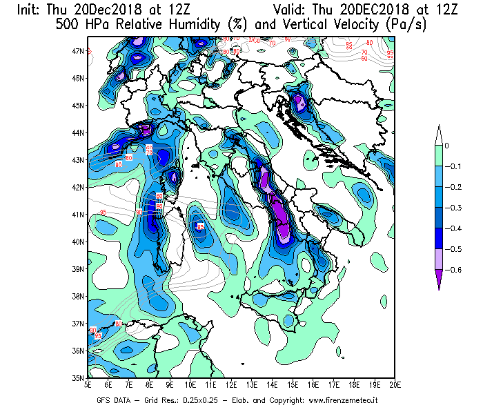Mappa di analisi GFS - Umidità relativa [%] e Omega [Pa/s] a 500 hPa in Italia
							del 20/12/2018 12 <!--googleoff: index-->UTC<!--googleon: index-->