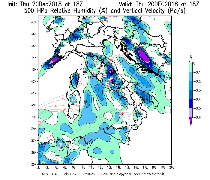 Mappa di analisi GFS - Umidità relativa [%] e Omega [Pa/s] a 500 hPa in Italia
							del 20/12/2018 18 <!--googleoff: index-->UTC<!--googleon: index-->