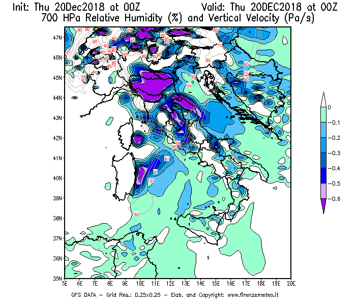 Mappa di analisi GFS - Umidità relativa [%] e Omega [Pa/s] a 700 hPa in Italia
							del 20/12/2018 00 <!--googleoff: index-->UTC<!--googleon: index-->
