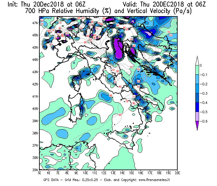 Mappa di analisi GFS - Umidità relativa [%] e Omega [Pa/s] a 700 hPa in Italia
							del 20/12/2018 06 <!--googleoff: index-->UTC<!--googleon: index-->