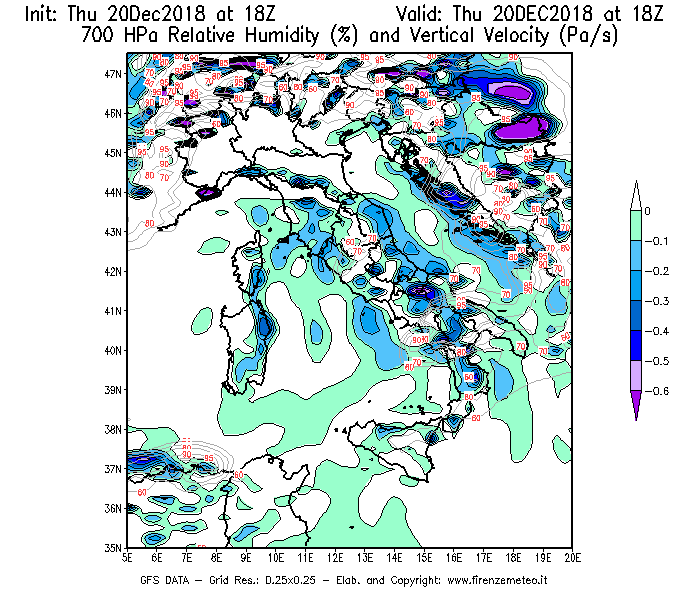 Mappa di analisi GFS - Umidità relativa [%] e Omega [Pa/s] a 700 hPa in Italia
							del 20/12/2018 18 <!--googleoff: index-->UTC<!--googleon: index-->