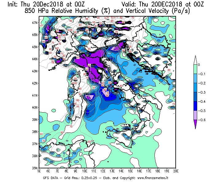 Mappa di analisi GFS - Umidità relativa [%] e Omega [Pa/s] a 850 hPa in Italia
							del 20/12/2018 00 <!--googleoff: index-->UTC<!--googleon: index-->