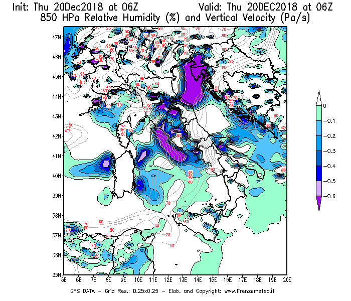 Mappa di analisi GFS - Umidità relativa [%] e Omega [Pa/s] a 850 hPa in Italia
							del 20/12/2018 06 <!--googleoff: index-->UTC<!--googleon: index-->