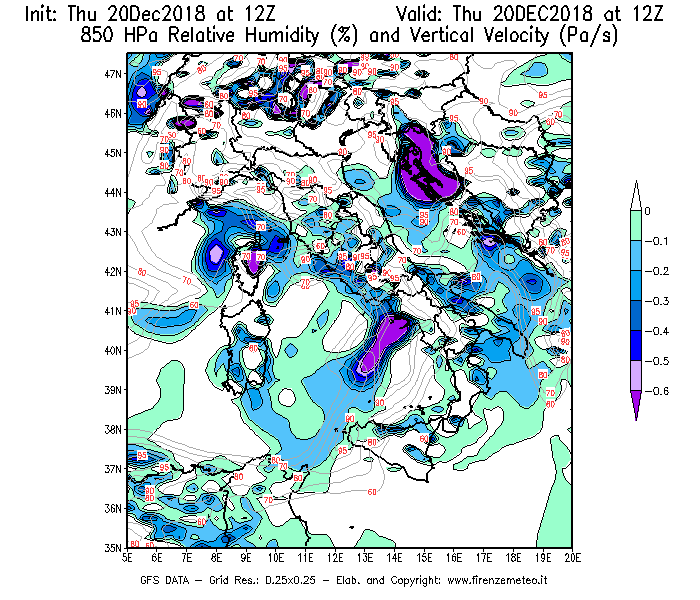 Mappa di analisi GFS - Umidità relativa [%] e Omega [Pa/s] a 850 hPa in Italia
							del 20/12/2018 12 <!--googleoff: index-->UTC<!--googleon: index-->