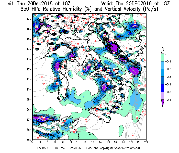 Mappa di analisi GFS - Umidità relativa [%] e Omega [Pa/s] a 850 hPa in Italia
							del 20/12/2018 18 <!--googleoff: index-->UTC<!--googleon: index-->