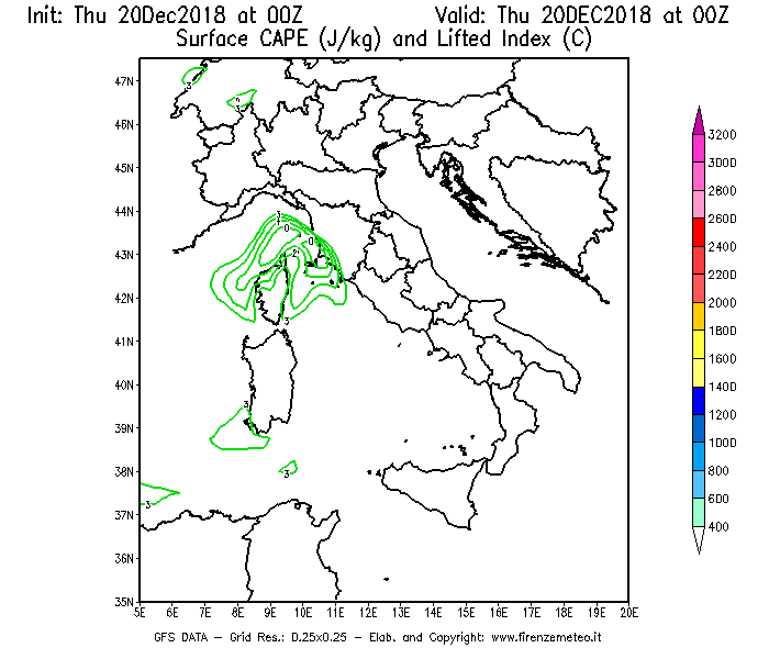 Mappa di analisi GFS - CAPE [J/kg] e Lifted Index [°C] in Italia
							del 20/12/2018 00 <!--googleoff: index-->UTC<!--googleon: index-->
